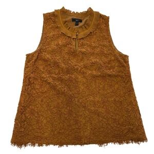 J. Crew Top Womens Medium Orange Brown Lace Ruffleneck Pleated Collar Sleeveless